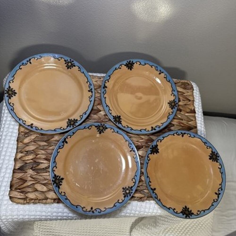Vintage Meito China Japan Hand Painted Plates Set 4 7.7” Blue Peach Gold